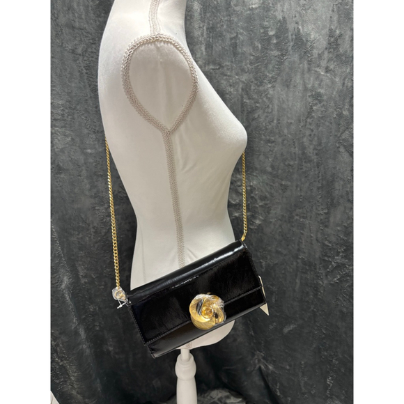 Ted Baker London Handbags - NWT Ted Baker Black Patent Leather Kira Rose Clutch & Crossbody Gold Rose Accent